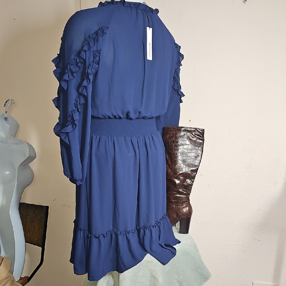Chico's Blue Ruched Ruffle Sundress V-Neck - Picture 5 of 8